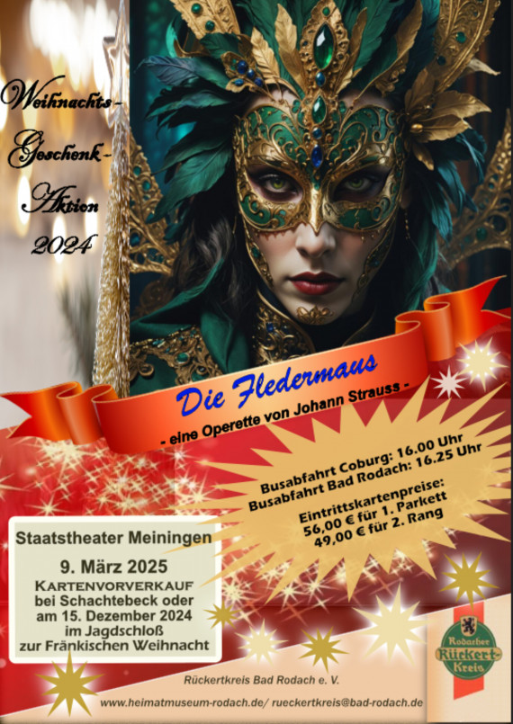 Plakat für die Theaterfahrt am 9.3.2025 nach Meiningen, Operette Die Fledermaus, 56 Euro oder 49 Euro, ab Coburg 16 Uhr, ab Rodach 16.25 Uhr,
