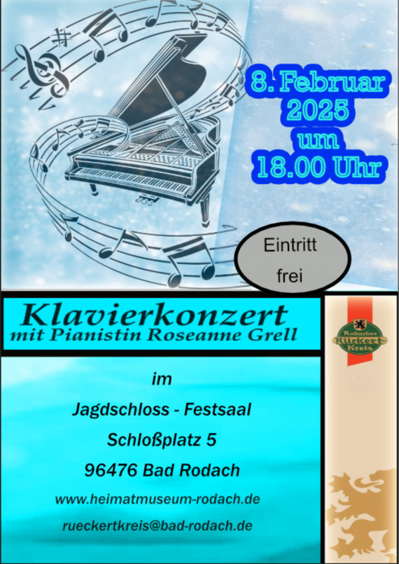 Plakat für das Klavierkonzert von Roseanne Grell. Termin: 8.2.2025, 18 Uhr, Festsaal, Jagdschloss in Bad Rodach
