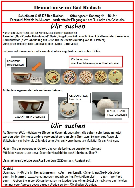April 2025 Plakat "Wir suchen" - Objekte für Ausstellungen im Heimatmuseum